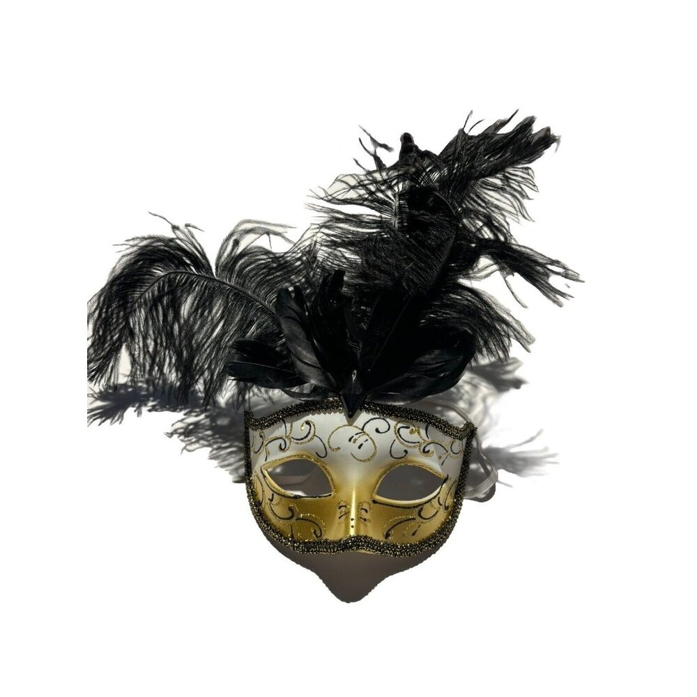 Gold Black Jewel Venetian Masquerade Mardi‎ Gras Feather Mask
